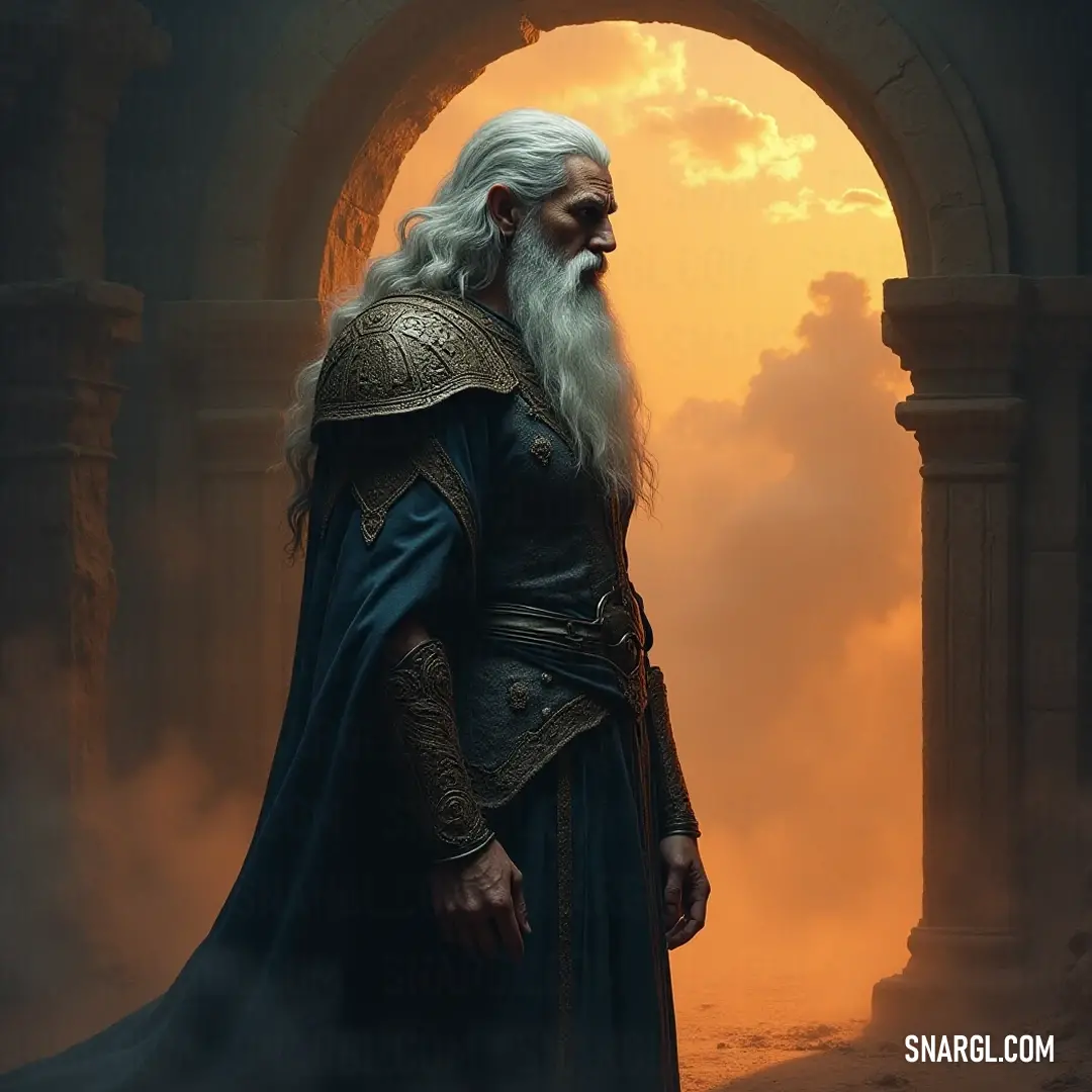A majestic figure, robed in a shimmering blue cape and adorned in gold and silver accents, stands confidently, his long white beard exuding wisdom as he navigates through a landscape shrouded in mist and mystery.