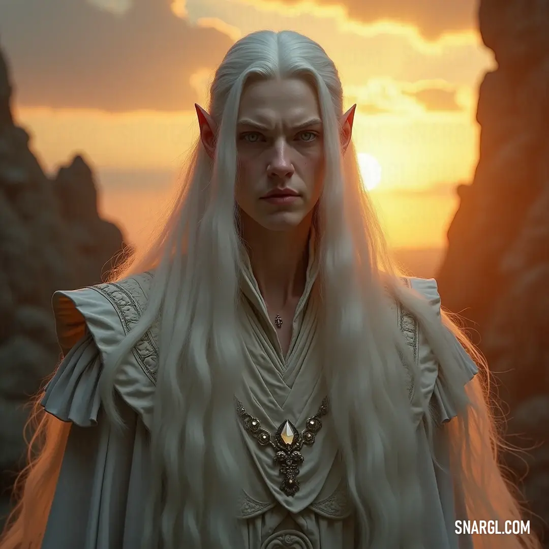 A striking figure with long white hair and elaborate horns, adorned in an elegant white dress, stands poised in an otherworldly environment, exuding an aura of mystery and enchantment that draws the viewer in.