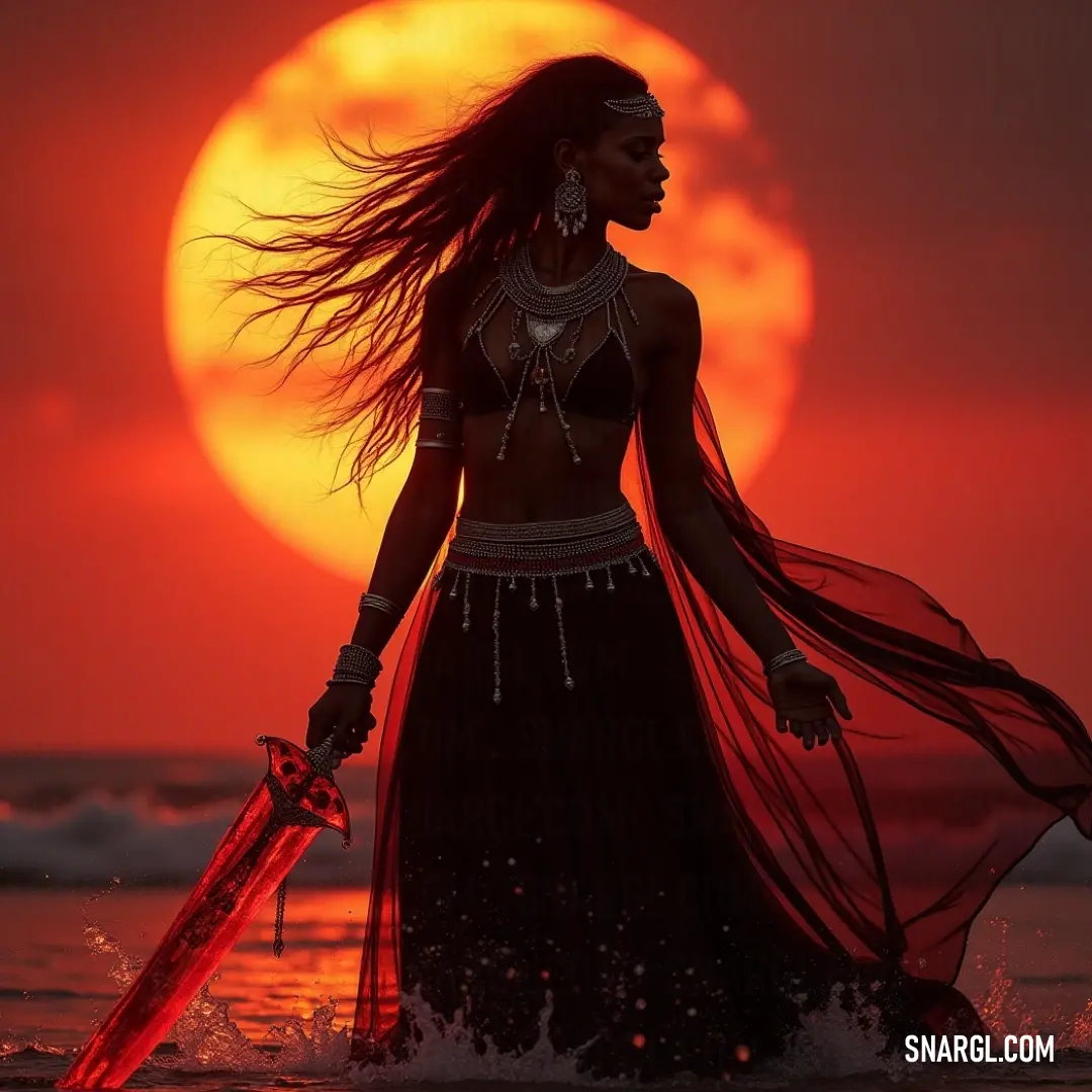 Morenike, draped in deep black, stands sharply against the vibrant sunset and a striking red moon, wielding her sword with an air of enigma and courage in her heart. Morenike, adorned in a flowing black gown, confidently holds her sword, poised against a stunning sunset backdrop, accentuated by a hauntingly beautiful red moon, signifying strength and mystery in her gaze.