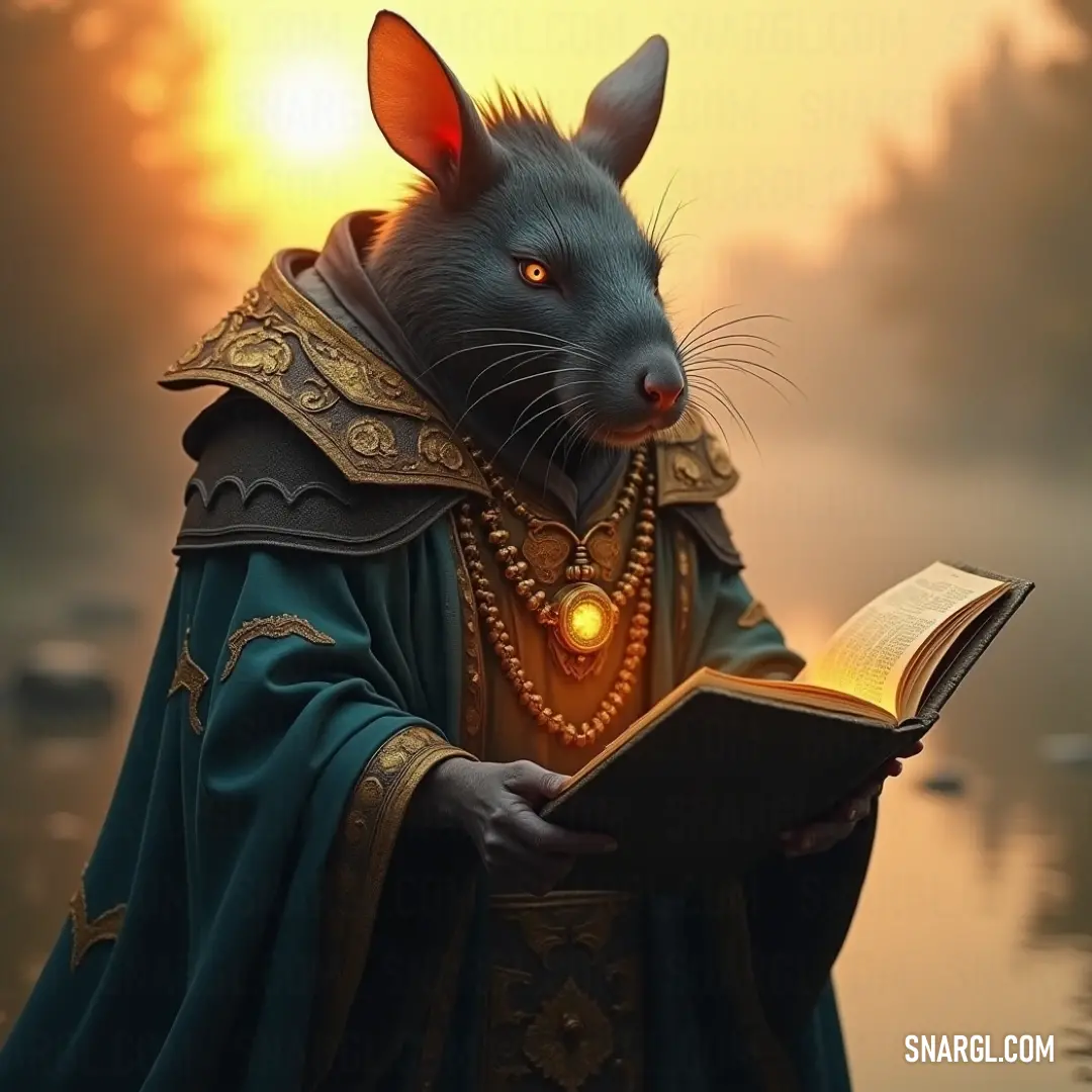A medieval figure dressed in historical attire, sitting in a tranquil setting, reading an ancient book. The glowing hues of dawn or sunset cast a soft light, creating an air of calm and deep thought as the figure delves into the pages of knowledge.