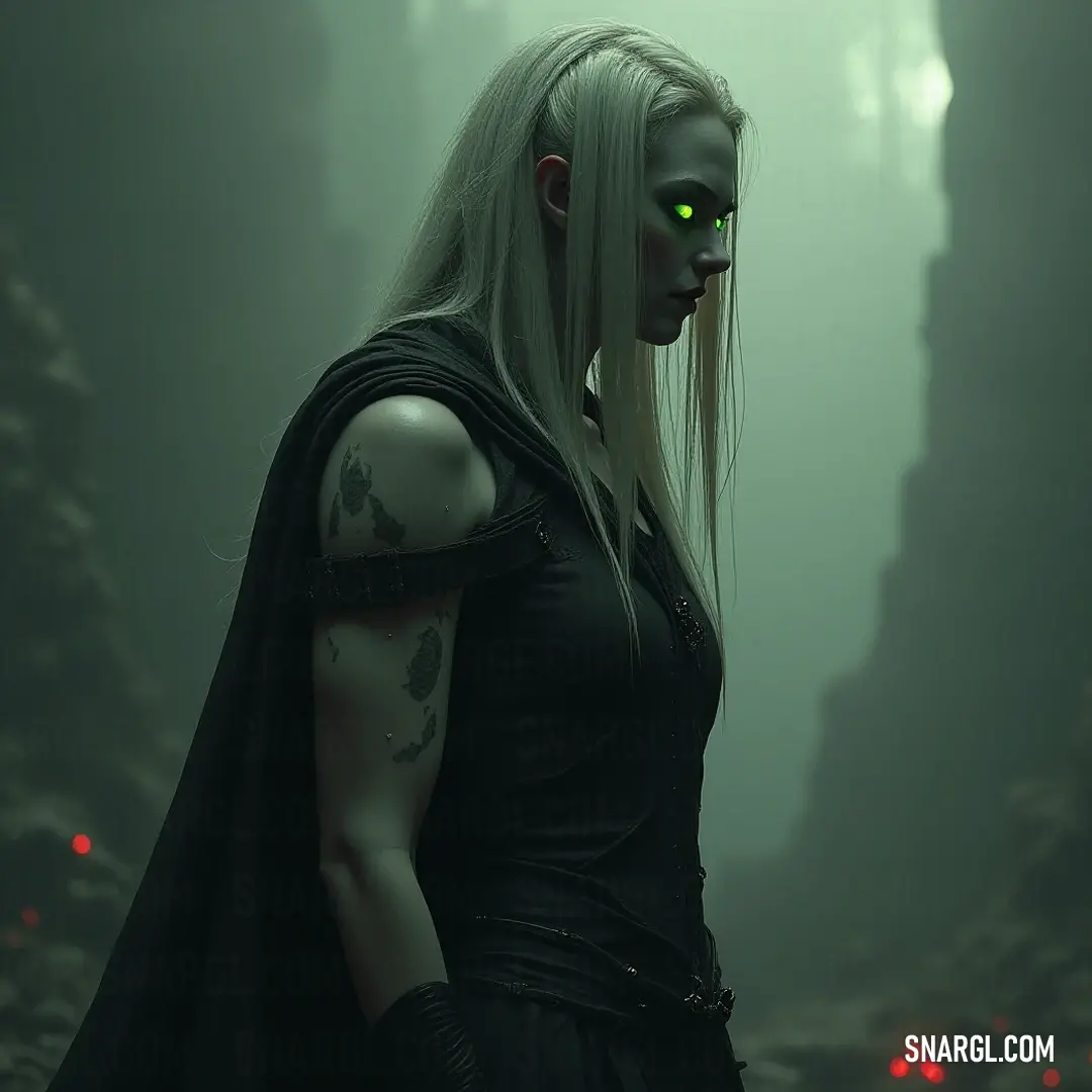 A formidable figure with piercing green eyes and a dramatic black cape stands in a shadowy forest, where the silhouettes of distant trees loom, creating an atmosphere rich in mystery and intrigue.