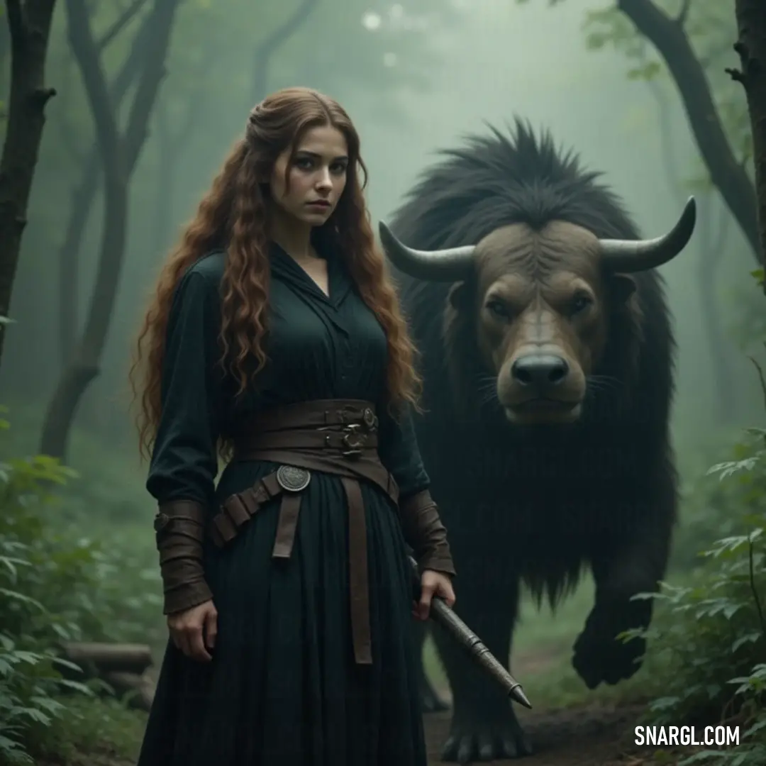 In a verdant forest, a figure in green stands beside a noble bison, capturing a moment of tranquility and unity with nature, as the lush scenery envelops them in greenery and life. Next to a majestic bison, a figure in a flowing green dress stands gracefully in a lush forest, surrounded by trees and bushes. The bond between the figure and the mighty bison weaves a tale of harmony and respect for nature's creatures.