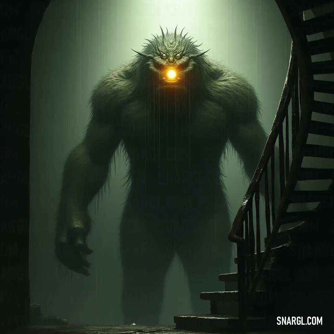 A towering Morgath looms in a shadowy hallway, its glowing eye piercing the darkness. The stairway and handrail create an eerie ambiance filled with tension and intrigue. A gigantic Morgath towers ominously in a dimly lit hallway, its piercing glowing eye illuminating the dark space. Stairs and a handrail cast eerie shadows, enhancing the feeling of suspense and mystery in this foreboding atmosphere.