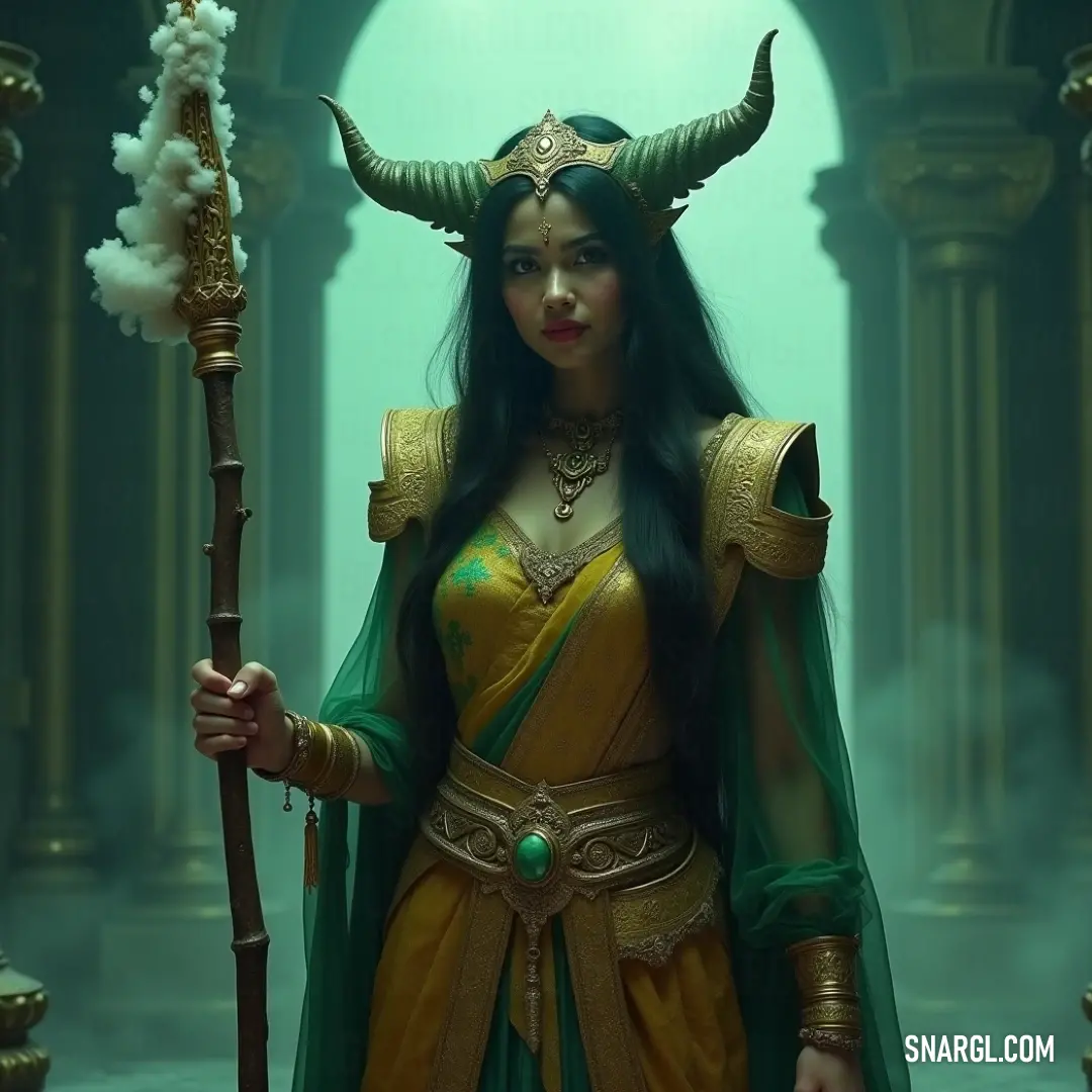 A commanding sorceress dressed in a majestic outfit adorned with enchanted horns, standing resolutely in a grand hall that resonates with echoes of history. A powerful mage clad in exquisite horns, exuding authority as they confidently wield a staff amid ancient columns and pillars, each stone telling tales of forgotten magic.