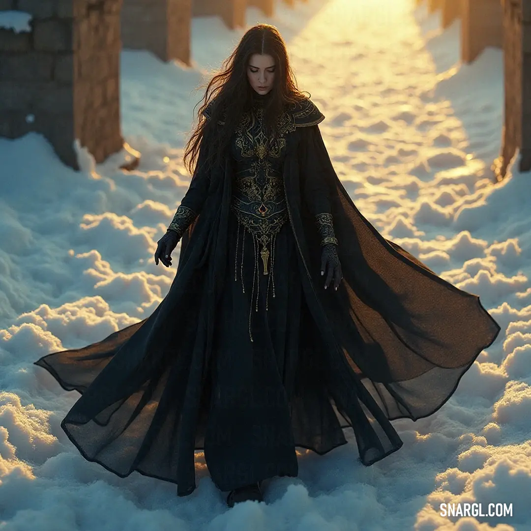 A graceful figure in a flowing black dress navigates the serene snowy terrain, her long cape dancing with each step as she traverses a winter wonderland bathed in soft sunlight. Draped in a flowing black dress and voluminous cape, a figure walks gracefully through the shimmering snow, each step leaving behind a delicate trace, as the landscape transforms into a frozen wonderland under the soft glow of the winter sun.
