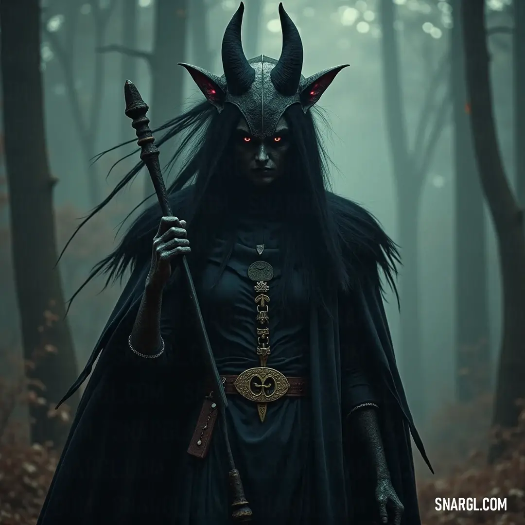 A regal figure with horns and a flowing black coat stands immersed in a foggy forest, holding a staff that evokes the enchantments of nature and its secrets. On a misty day in an enchanting forest, a figure adorned with majestic horns and a long black coat commands attention, holding a staff that seems to resonate with the ancient magic of the trees around her, embodying the spirit of nature.