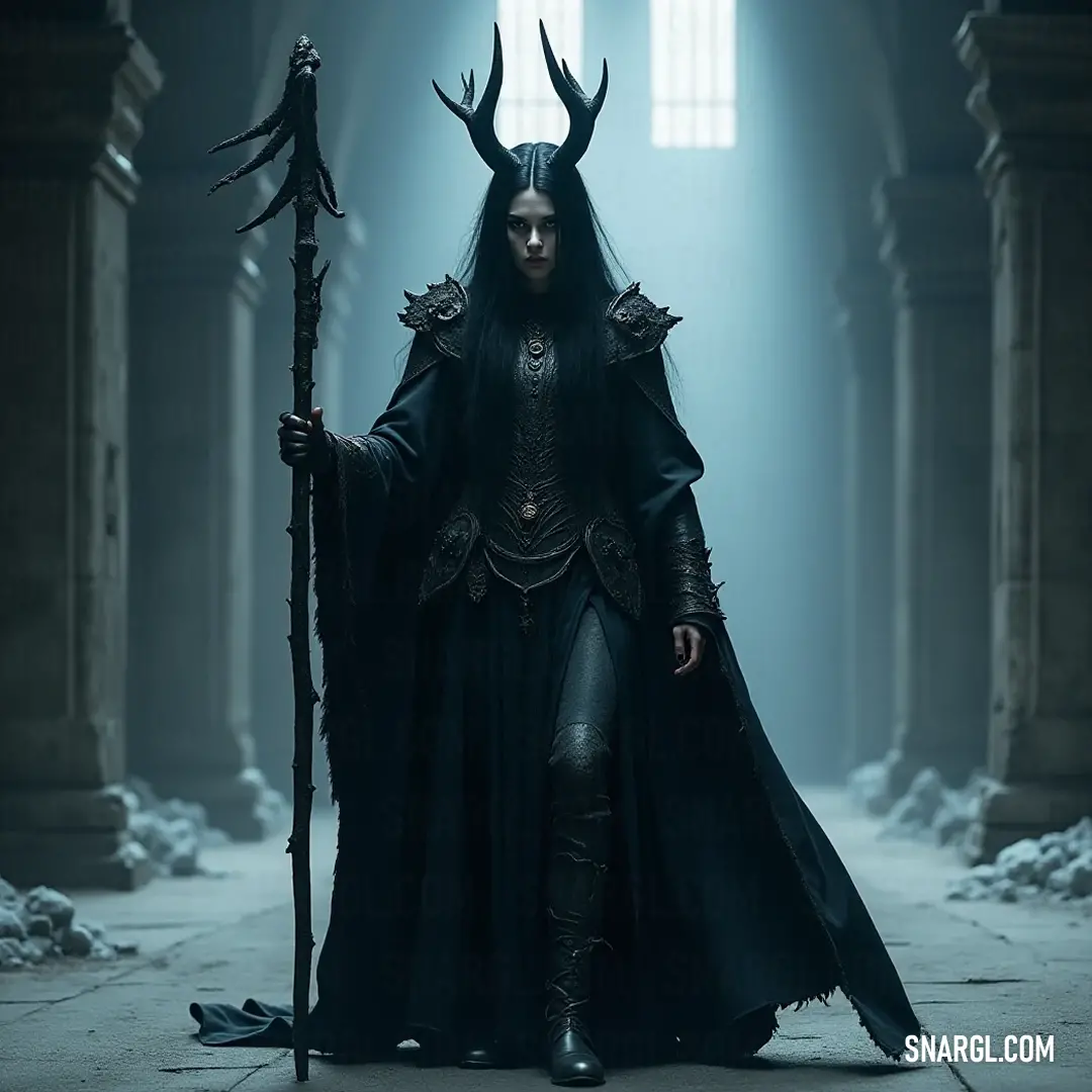 An enigmatic figure draped in black and crowned with horns stands in a shadowy room, wielding a staff that casts a curious glow against the ancient columns. In a dimly lit chamber, a caped figure with striking horns stands confidently amid tall columns, gripping a staff like a beacon of authority, while the faint light from the window lends an air of mystery and enchantment to the scene.