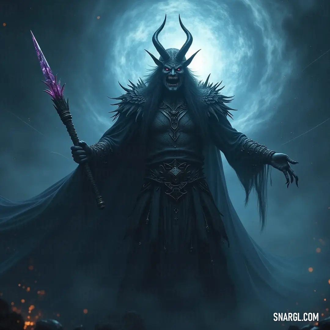 Beneath a bright full moon, a fearsome demon wields a sword, poised within a shadowy landscape filled with mystery and ancient lore. An imposing demonic figure grasps a sword with confidence, silhouetted against the luminous full moon. The eerie landscape surrounding them adds to the sense of foreboding, as dark shadows and the night sky intertwine, creating an atmosphere steeped in om