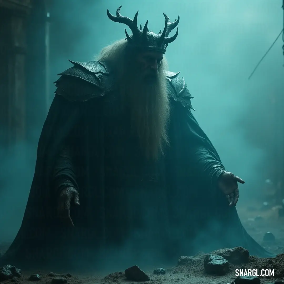 Morgoth in a smoky chamber, standing tall amidst rubble, his intense stare aimed at a distant fortress, a symbol of his might and mystery. Within a dimly lit room filled with swirling smoke and scattered rocks, Morgoth, with imposing horns and a majestic beard, stands as a guardian of dark secrets, his fierce gaze set upon a distant building, exuding power and authority.