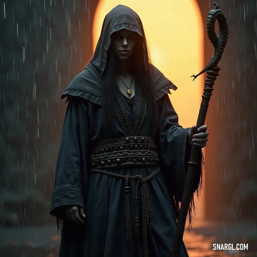 Morgwa, a mysterious figure in black, standing strong amid rain and sun. Morgwa, cloaked in deep black, wields a staff and stands resolutely in the rain, as sunlight breaks through the clouds behind, portraying a powerful connection between shadow and light.