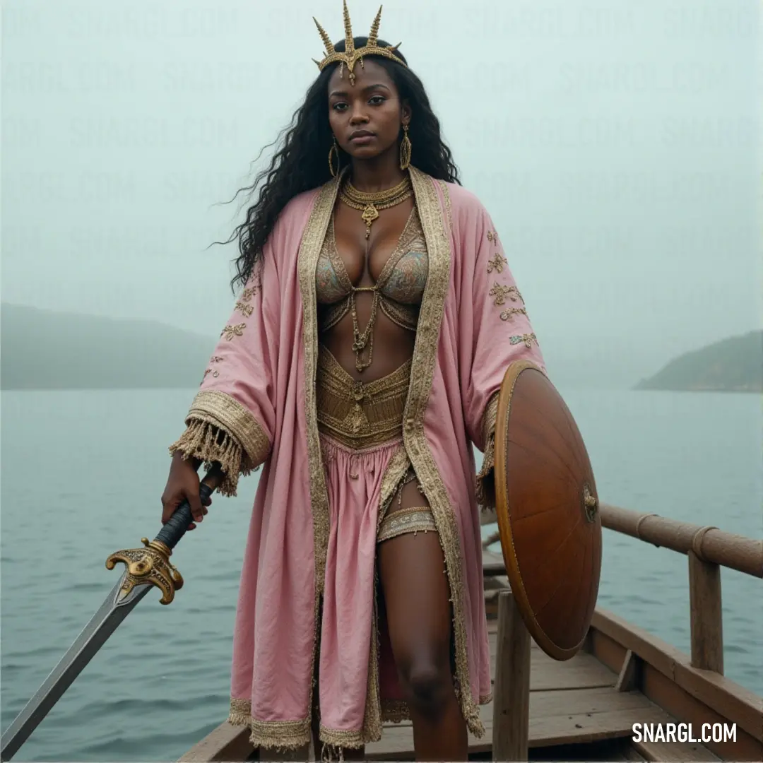 A figure in a pink outfit stands on a boat with a sword and shield, the foggy sky adding to the mystery and serenity of the moment. A woman dressed in a soft pink outfit, standing on a boat in the water, holding a sword and shield, with a foggy sky creating a serene but ominous backdrop.