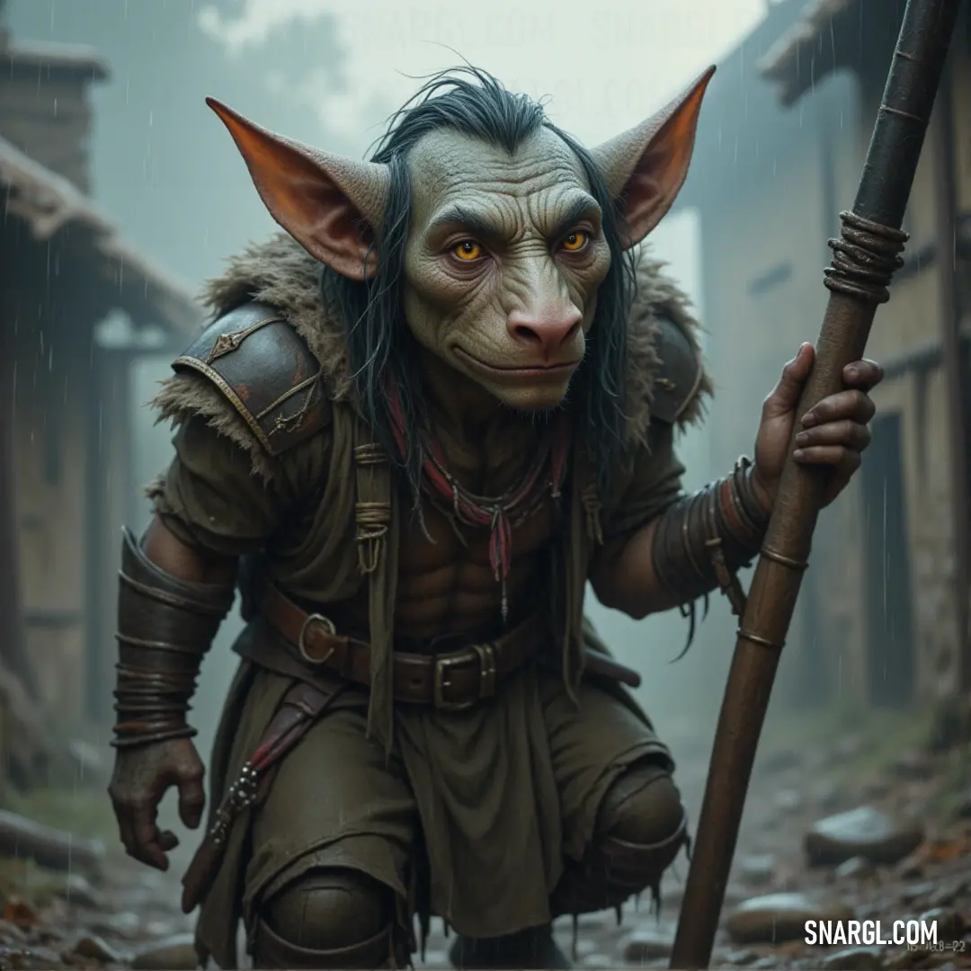 Mork, with his distinctive long nose, trudges through a rain-soaked village, holding a stick for balance as he moves through the mist, a figure of resilience in a wet and weary world.