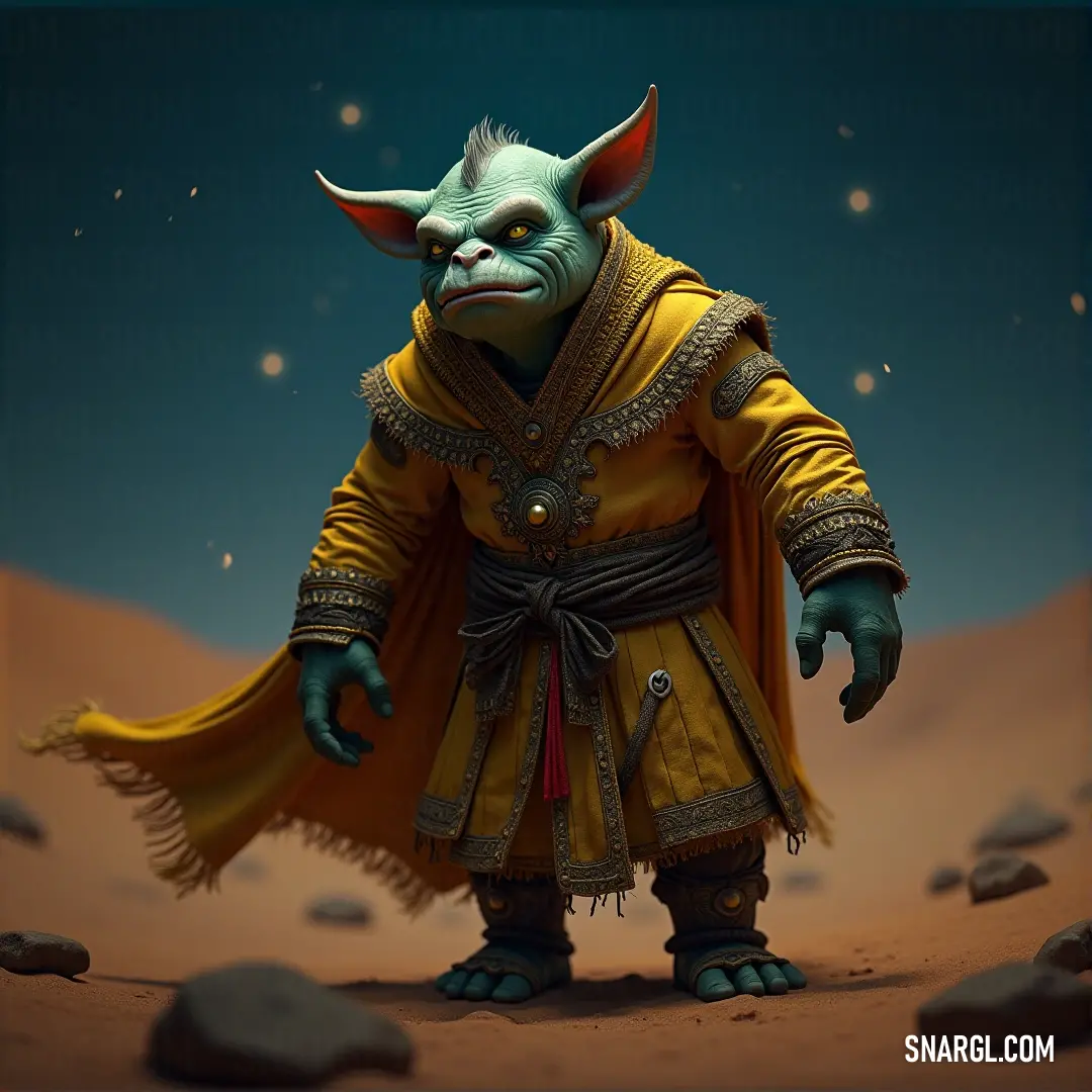 Mork, clad in yellow, stands boldly in a vast desert, surrounded by towering rock formations. The sky above stretches endlessly, and the barren landscape amplifies his solitary presence as he gazes into the horizon, seeking something just out of reach.