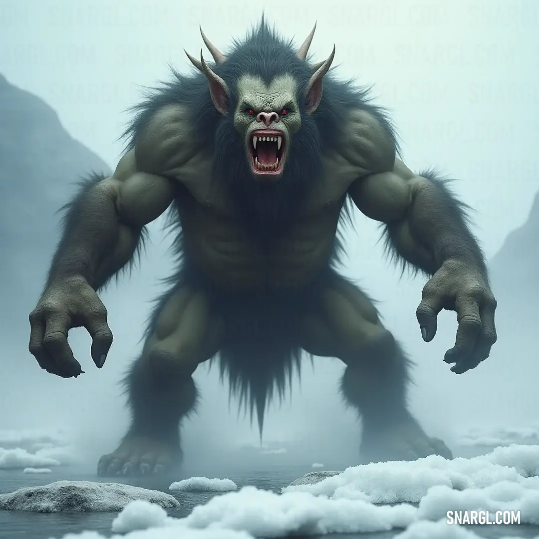 Morkai: The Giant of the Snowy Peaks A colossal Morkai, with an enormous mouth and fierce teeth, towers over a snowy mountain setting. His commanding stature and wild expression convey both power and majesty, casting a striking silhouette against the backdrop of nature's grandeur.