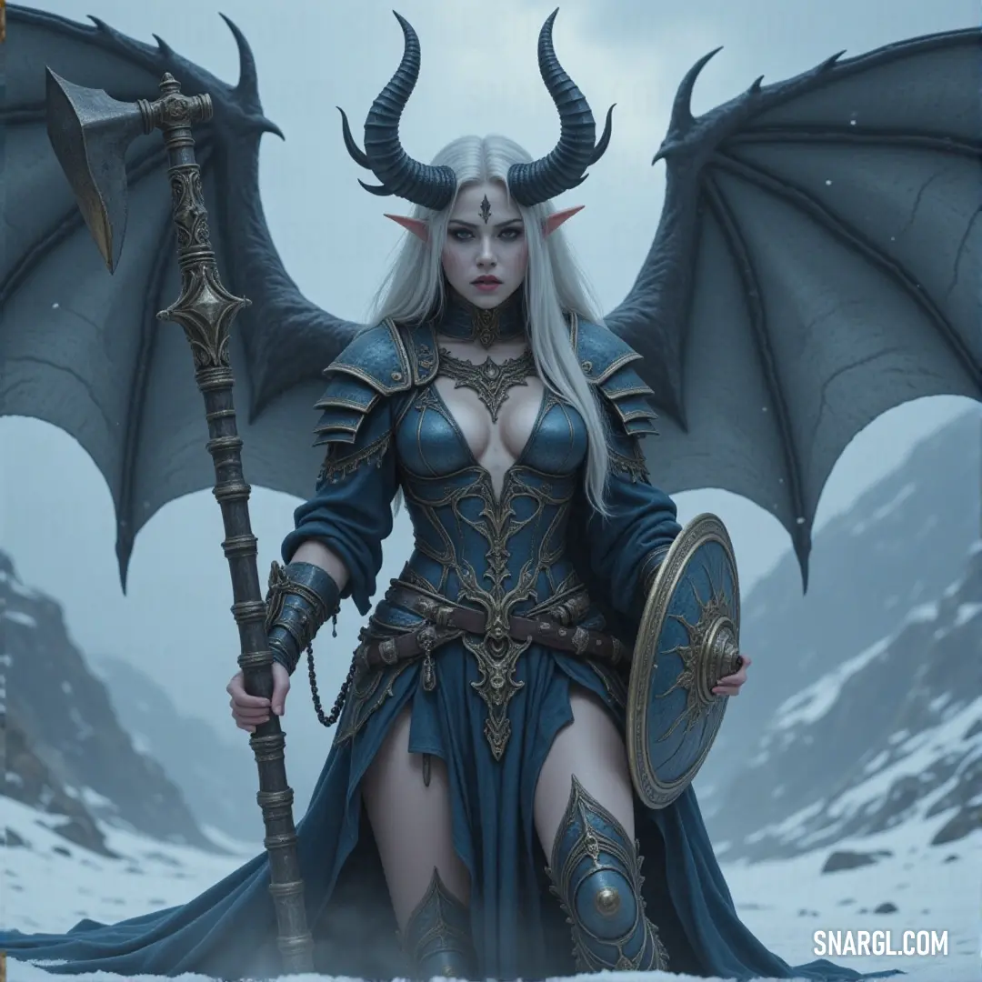 Mormo, armed with a sword, stands in a snow-covered wilderness, her form defined against the cold landscape, where the mountains loom like silent witnesses to her strength. In a desolate snowy landscape, Mormo stands tall, wielding a sword with both hands. Snowflakes swirl around her, and the towering mountains in the distance add to the feeling of isolation, as she prepares for an unknown challenge.