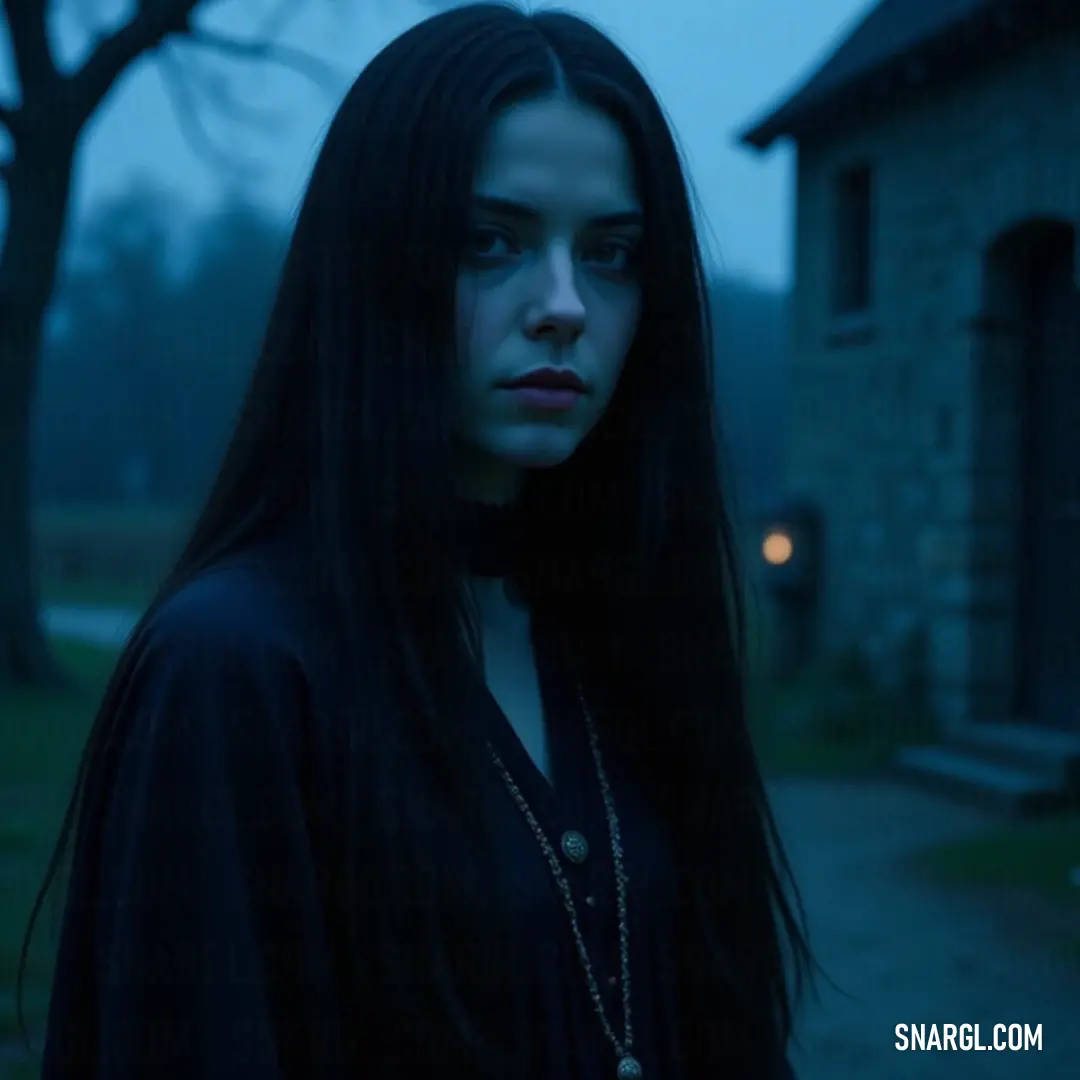 A mysterious woman with strikingly long hair stands before an age-old house under the cloak of night. Her piercing gaze and subtle smirk evoke an eerie charm, suggesting secrets hidden within the shadows surrounding her.