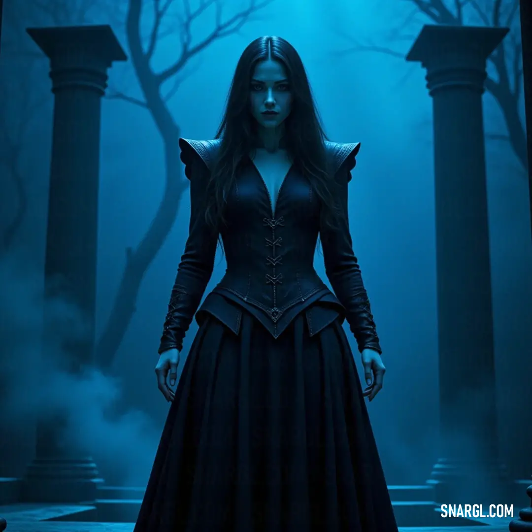 An elegant figure in a black dress stands in a dark forest, surrounded by ancient columns. A mesmerizing figure in a flowing black dress stands majestically in a dark forest, flanked by ancient columns and silhouetted by the towering trees, embodying elegance amidst a sense of foreboding nature.