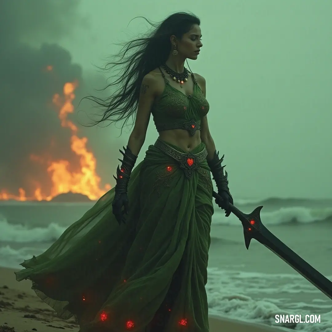 A warrior in a flowing green dress stands fiercely on a beach, sword in hand, illuminated by a backdrop of fiery chaos that highlights her bravery and resilience. A fierce warrior dons a flowing green dress, poised on a beach as she clutches a sword. Behind her, flickering flames dance against the night backdrop, illuminating the scene and projecting an image of strength and determination amidst the chaos.