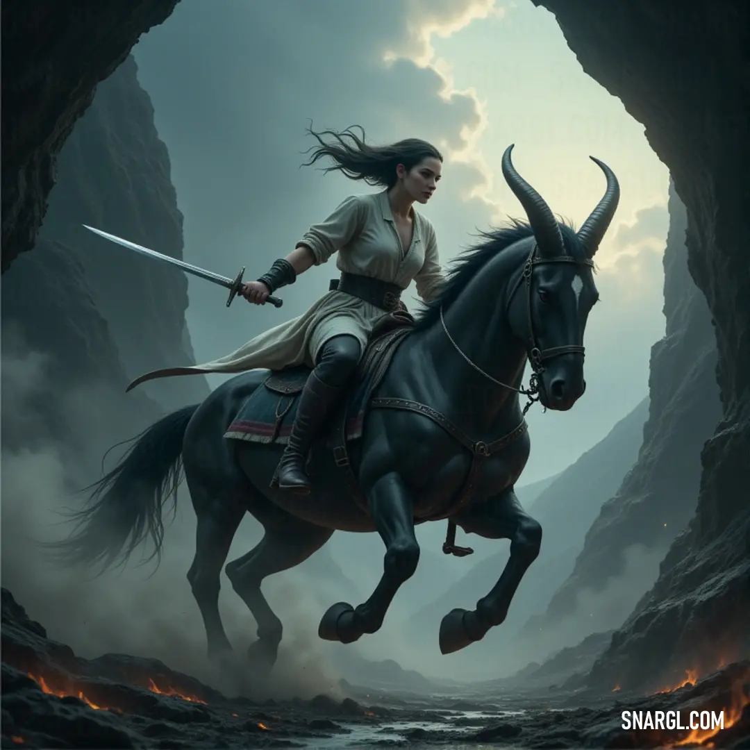 A fierce woman, riding her horse through a dark cave, her sword poised for action. Her determination is reflected in her focused expression, as shadows dance around her.