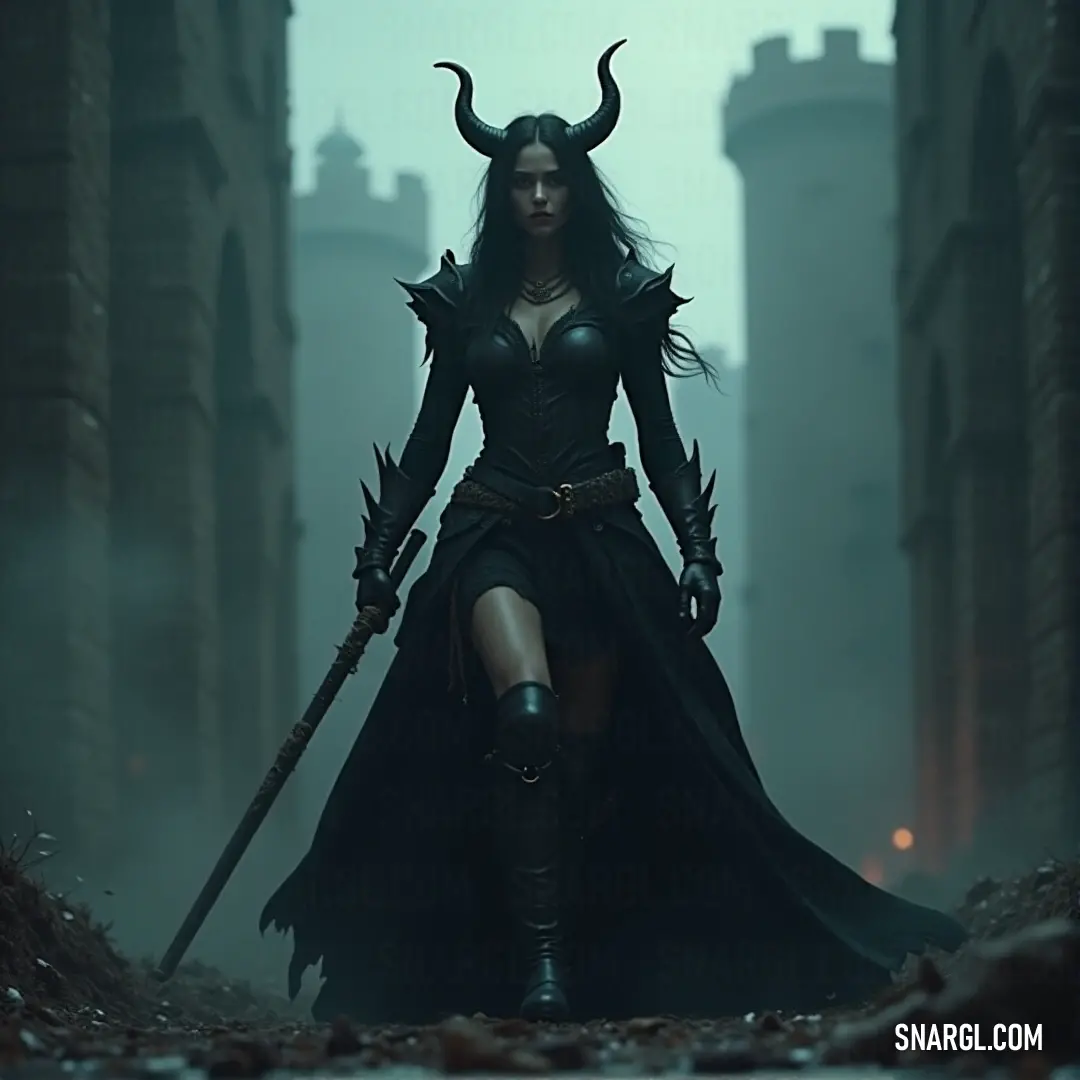 Morrigan dressed in black with horns and a sword in a dark alleyway with buildings in the background