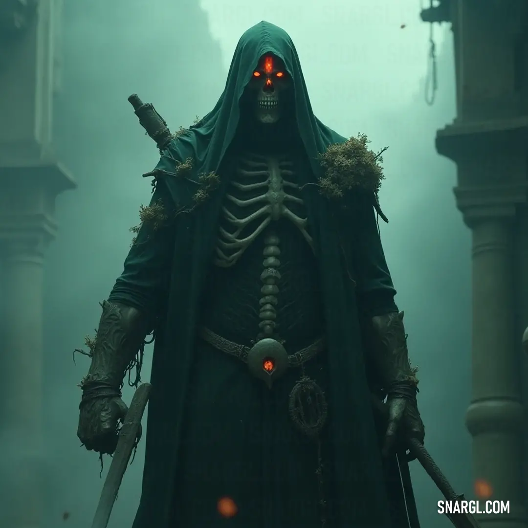 In a shrouded realm of mist, Mors presents a poignant image, adorned in green, gripping a scull, symbolizing the delicate balance between life and mortality in his contemplative stance. Mors, clad in a green hooded ensemble, stands in a fog-laden environment, clutching a scull with a deep focus that hints at grim themes of life and death.