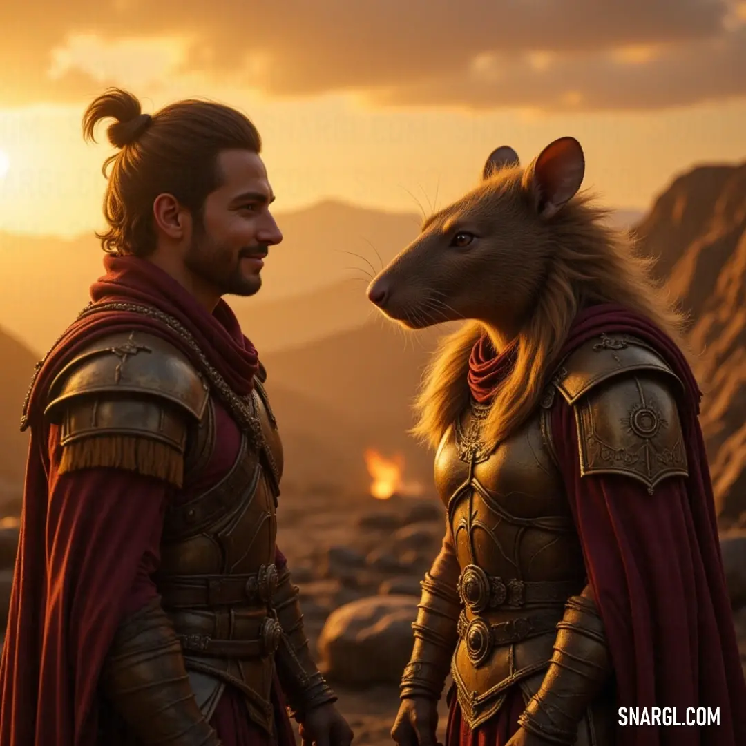 An armored knight and a Mort stand steadfastly together, showcasing unity and strength against a stunning mountain vista at sunset. A heroic duo, a knight and a Mort, clad in shining armor stand confidently side by side, their expressions radiating determination against the breathtaking backdrop of majestic mountains at twilight.