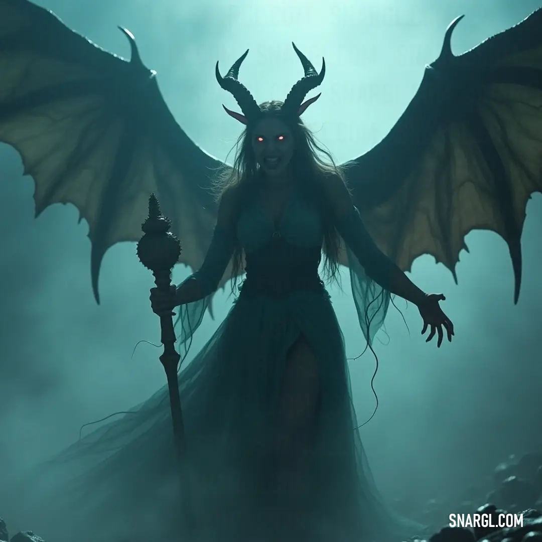 Morwen, with demon-like features and holding a staff, stands in a foggy, dark forest. The atmosphere is thick with mystery and foreboding. Morwen, with horns and a demon face, grips a staff in a dark forest. Fog and clouds swirl around her, creating an ominous atmosphere as she stands ready for anything.