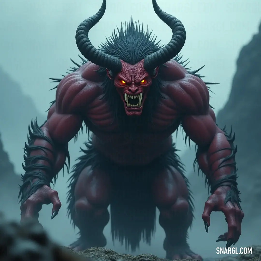 The imposing Mōryō King with large eyes and horns stands in a foggy landscape surrounded by boulders, a figure of great intrigue and power. A formidable Mōryō King, adorned with menacing horns and enormous, captivating eyes, looms within a mysterious, fog-draped landscape where rugged boulders and ethereal mist create an ambiance of suspense and dread.