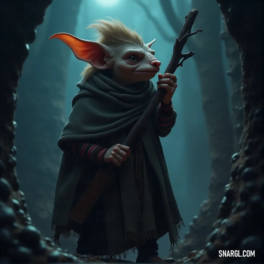 A burrow creature, known as Mosco, stands confidently in a misty forest, holding a long wooden stick. A beam of light breaks through the trees, highlighting the figure in a dramatic display, as the surrounding foliage remains shadowed.