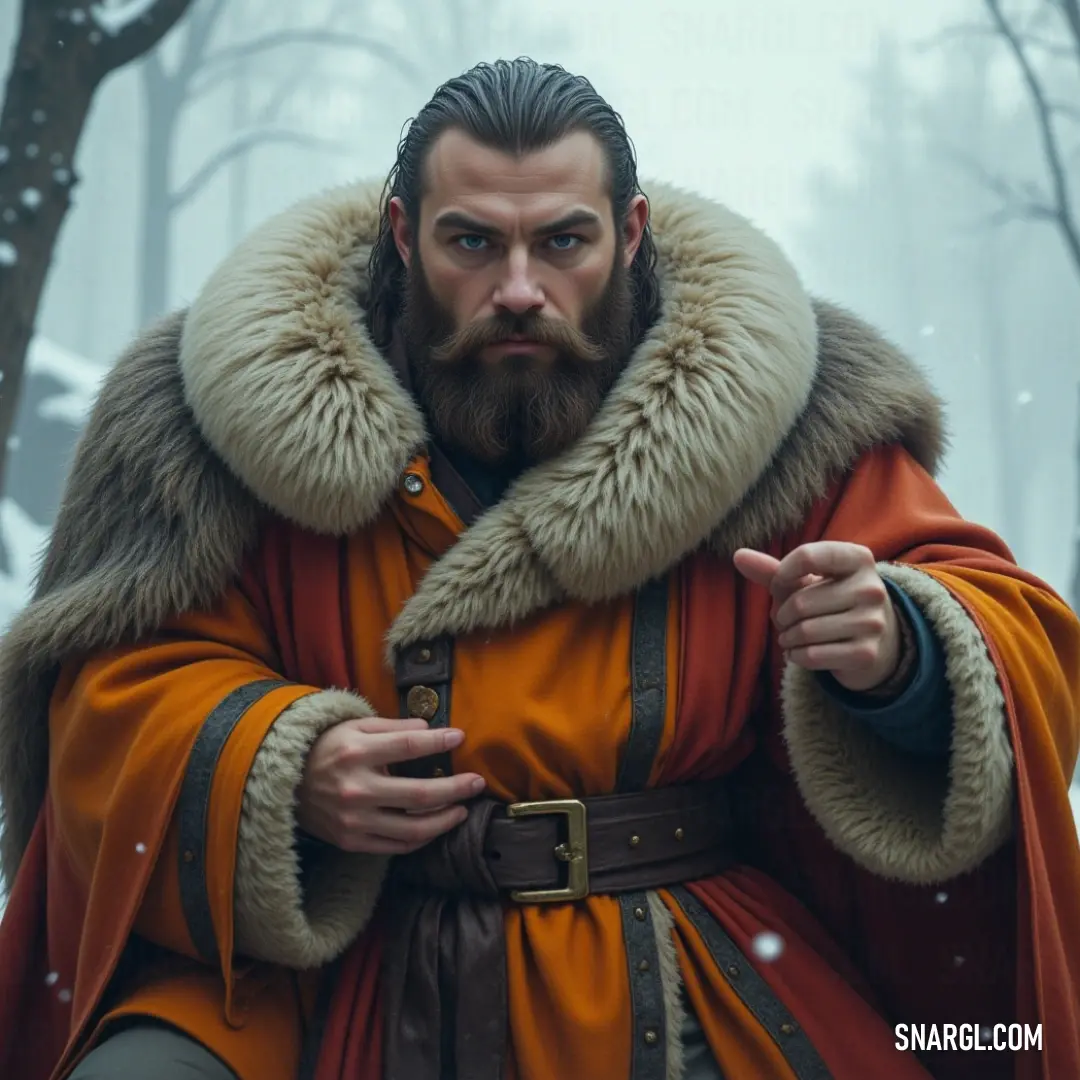 A character in vibrant red and orange attire stands defiantly with a white beard and fur collar, embodying the spirit of the wild. The striking colors and detailed textures juxtapose against a natural, rugged backdrop, promising epic tales in every glance