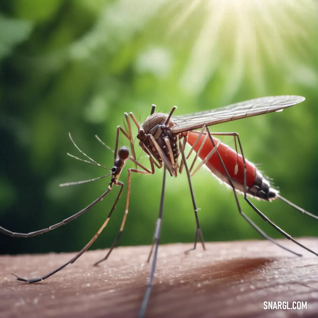 Mosquito is shown with a red tip on its body and legs, with a green background