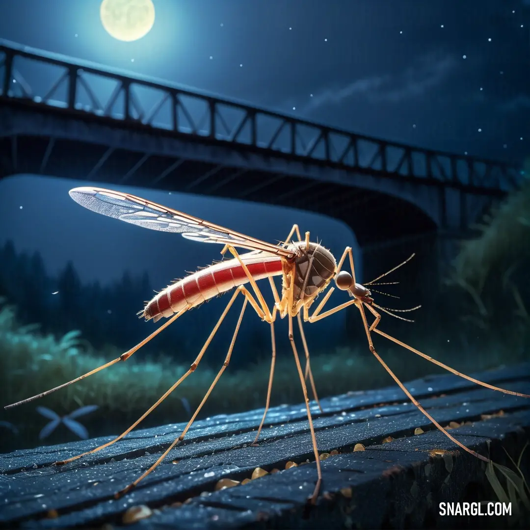 Mosquito is standing on a piece of wood in front of a bridge at night with a full moon in the background