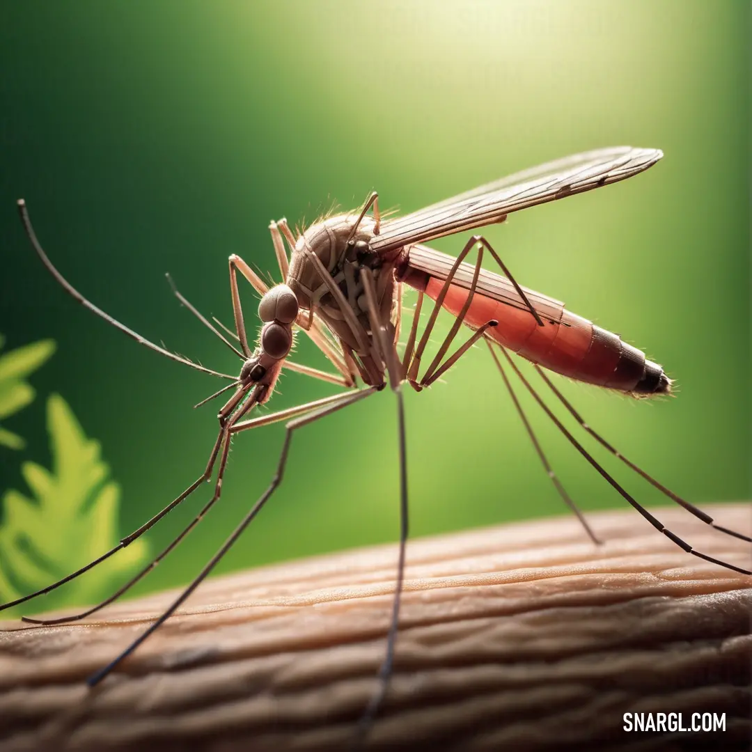 Mosquito is standing on a wooden surface with a green background