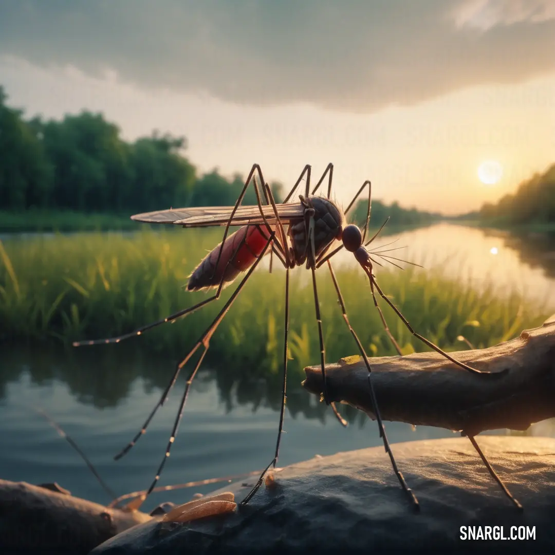 Mosquito is standing on a log in the water at sunset or dawn with the sun shining on the grass