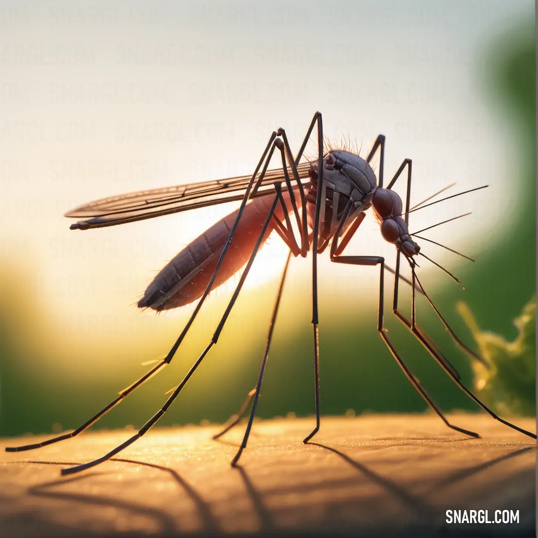 Mosquito is standing on a piece of wood with the sun shining behind it and its legs spread out