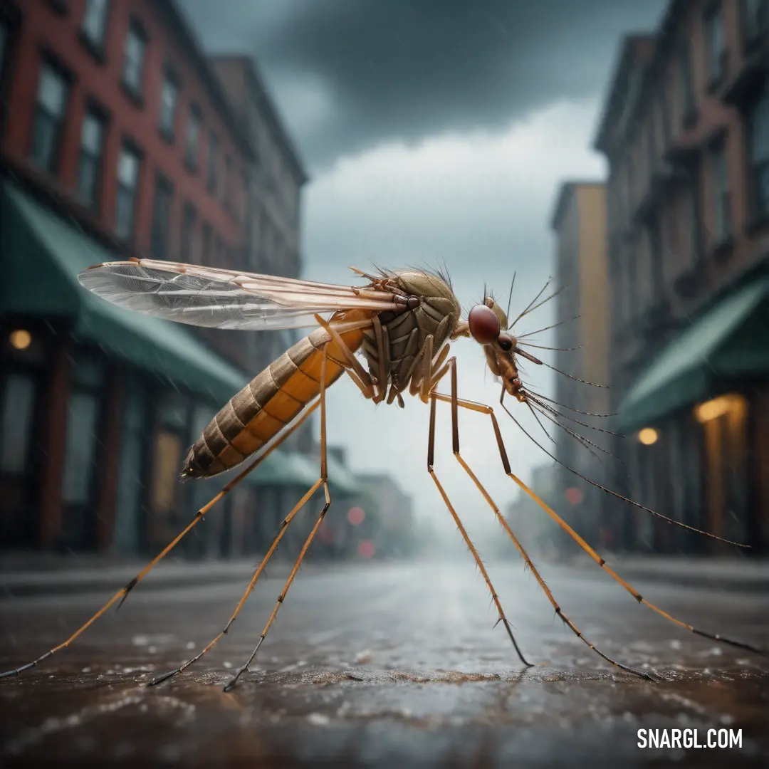 Mosquito is standing on a city street in the rain with its legs spread out and head on the ground