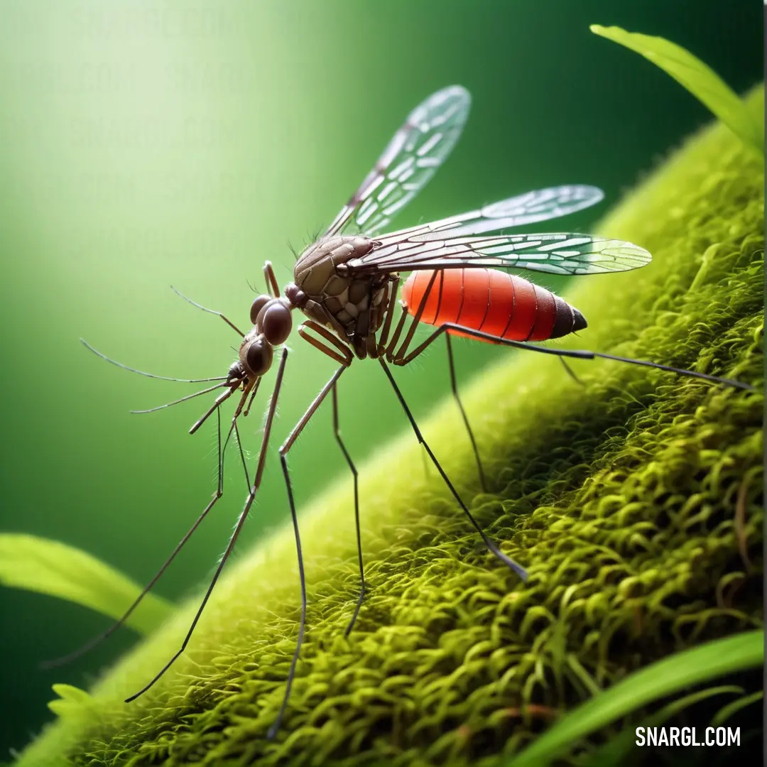 Mosquito with red legs and legs on a green surface with grass and leaves in the background