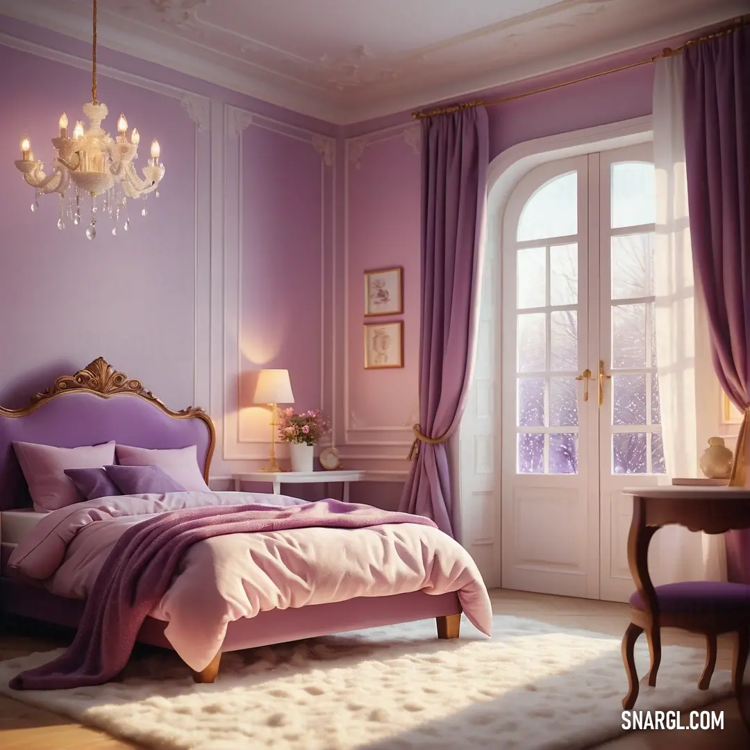 Bedroom with a bed, a chandelier. Color RGB 173,223,173.