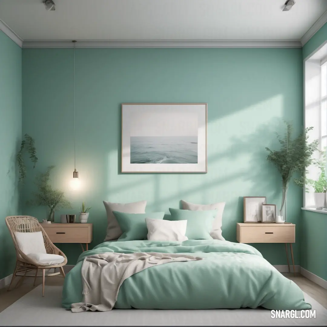 Moss green color example: Bedroom with a bed and a chair