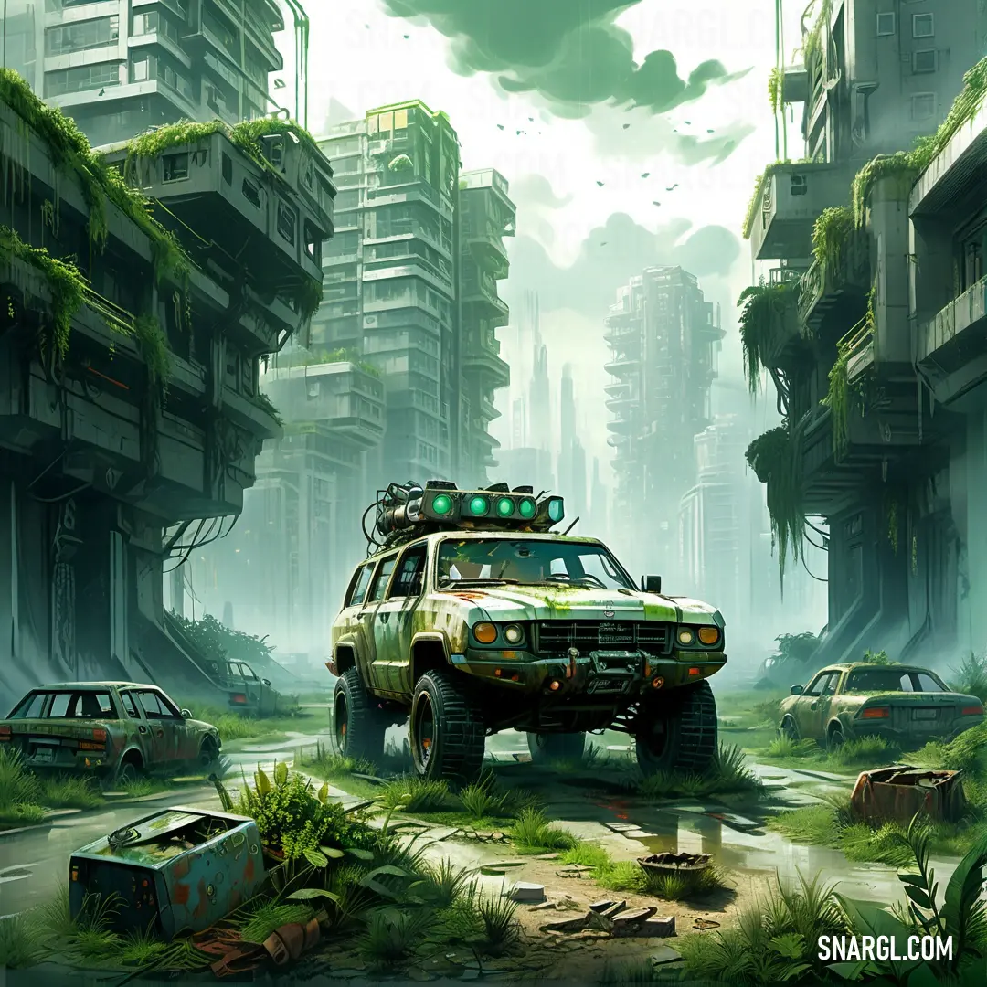 Car is driving through a city with tall buildings and trees on the sides of it