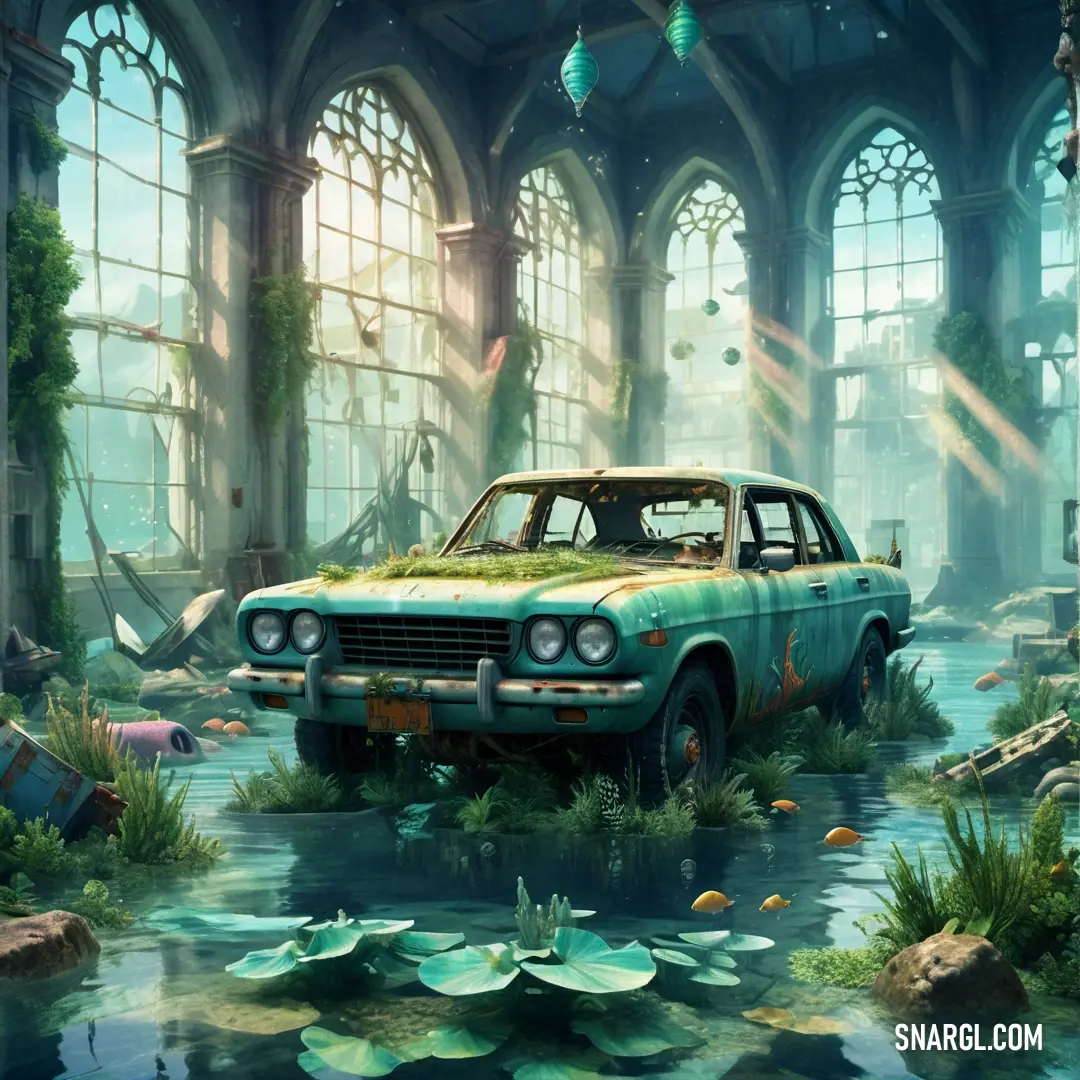 Car is parked in a flooded area with a lot of plants and flowers on the ground and a building with windows. Color Moss green.