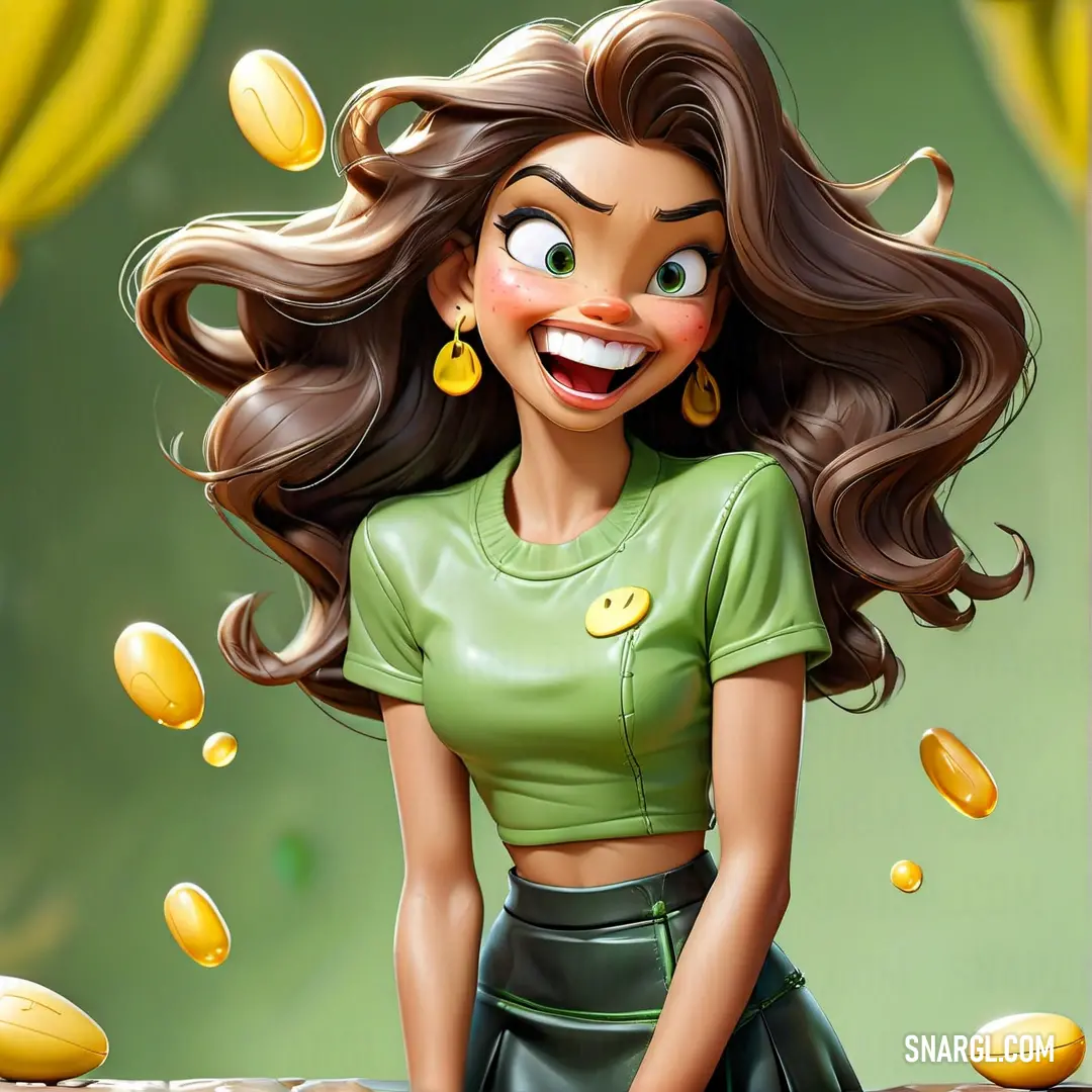 Moss green color. Cartoon girl with a green shirt and a green skirt with a smile on her face and a bunch of gold coins