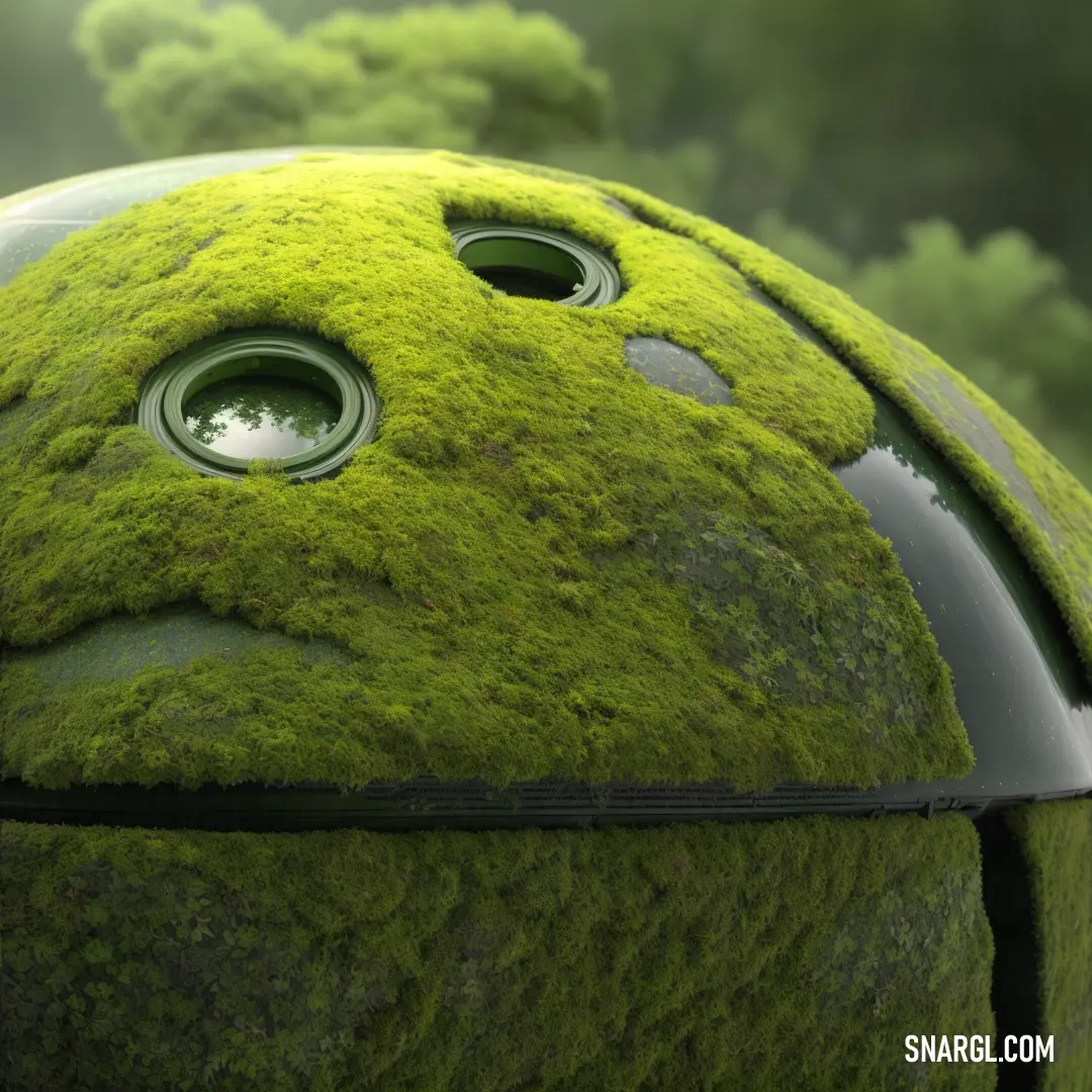 Close up of a green object with eyes and grass on it's surface and trees in the background