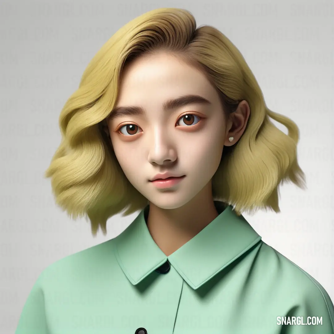 Digital painting of a woman with blonde hair and a green shirt on a gray background with a black button up shirt