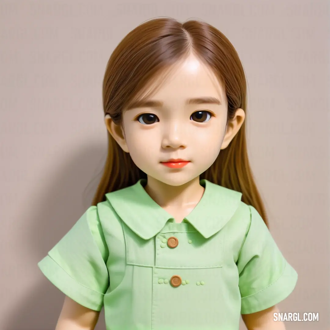 Doll with long hair wearing a green shirt and skirt with buttons on the collar and a buttoned up front. Color #ADDFAD.