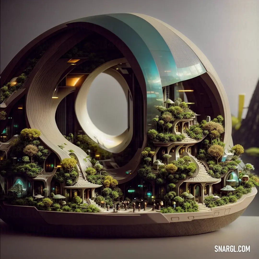 Futuristic city with a circular building surrounded by trees and bushes