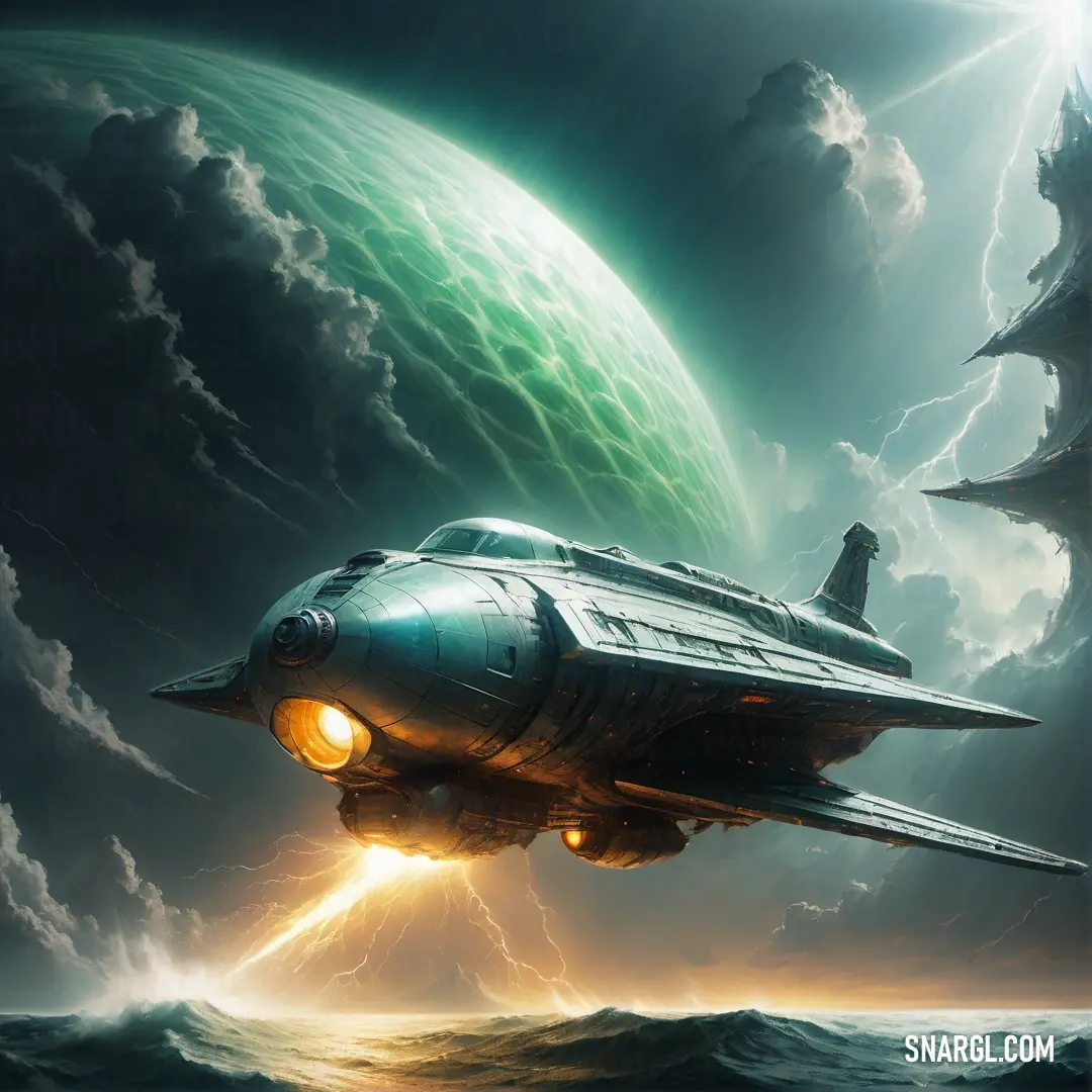 Futuristic ship in the middle of a storm with a green planet in the background and a lightning bolt in the foreground