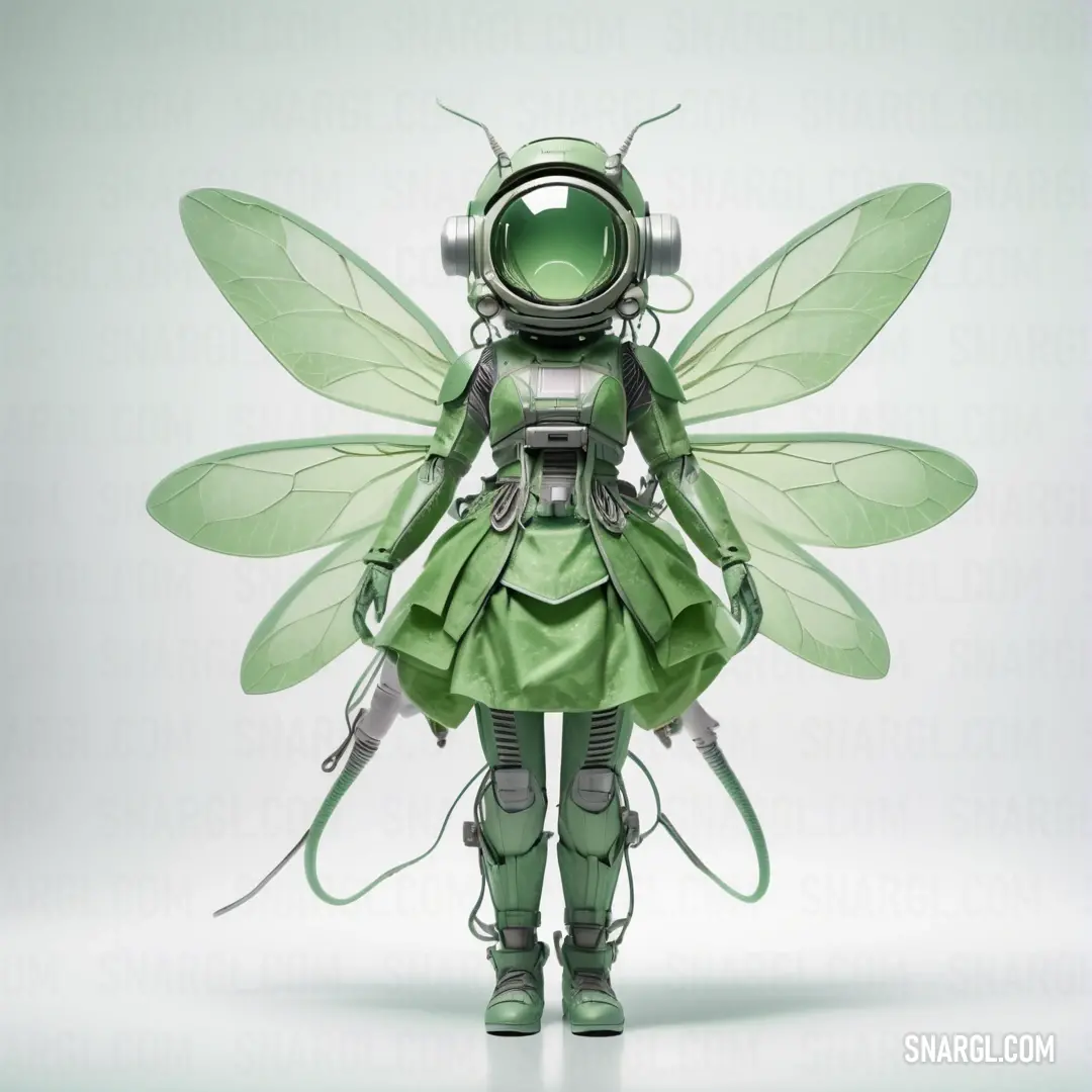 Green fairy with a green dress and a helmet on her head and wings. Example of Moss green color.