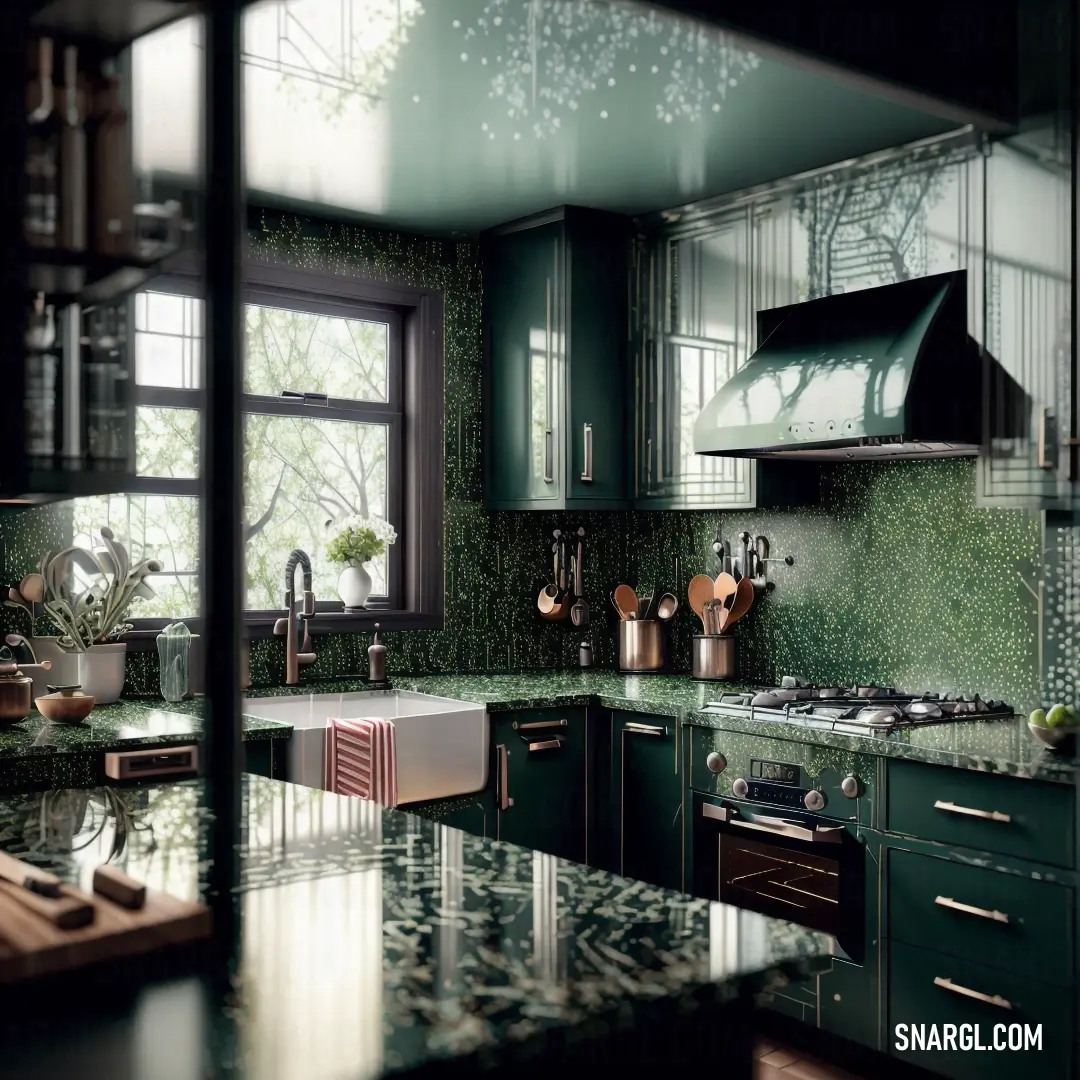Moss green color example: Kitchen with green cabinets and a stove top oven and a sink with a window in the background