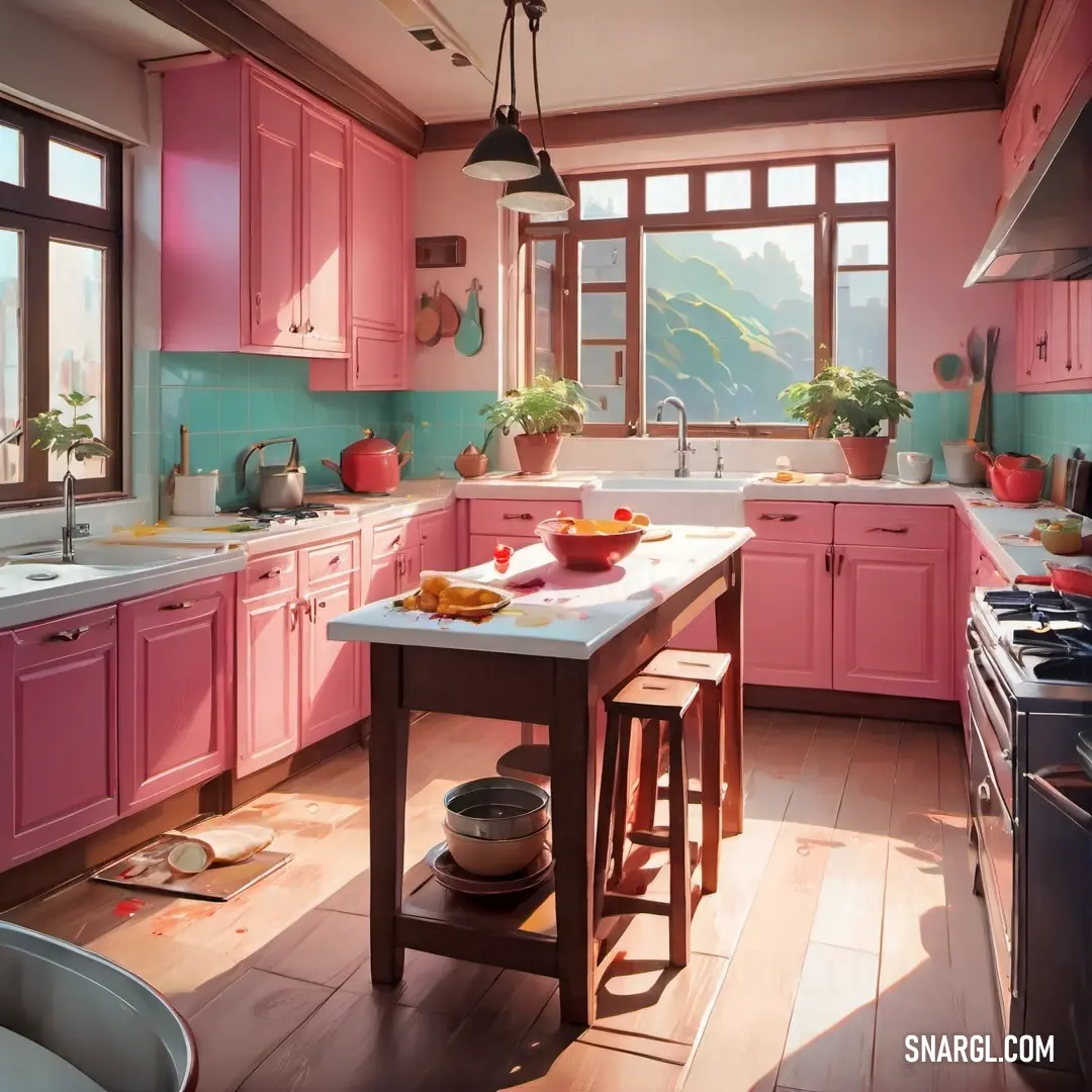Moss green color. Kitchen with pink cabinets and a white counter top and a wooden floor and a window with a mountain view